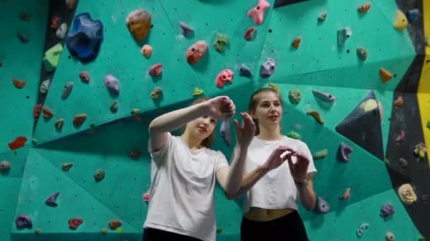 极限运动 巨石阵 人与健康的生活方式 两个女孩站在巨石阵边谈论攀爬路线 — 图库视频影像