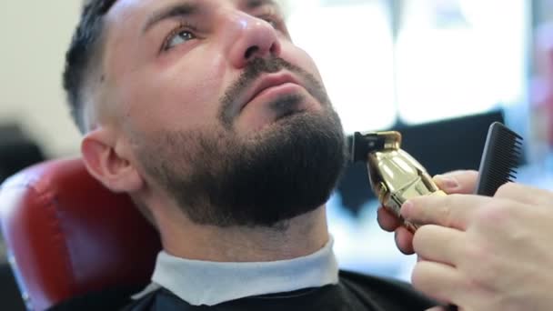 Proces Fryzjerski Zbliżenie Fryzjera Suszącego Włosy Młodego Brodatego Mężczyzny Młody — Wideo stockowe