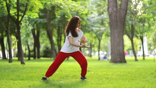 Fitness Sport Success Concept Woman Does Tai Chi Qigong Exercises — Stock Video