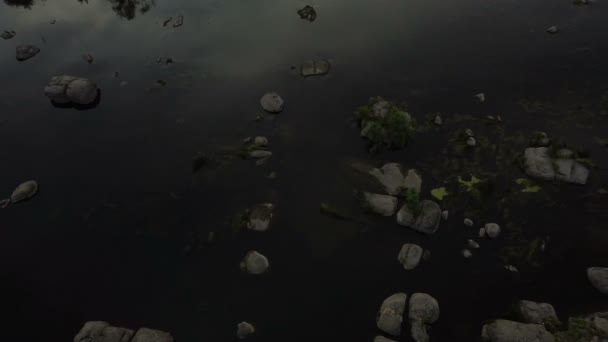 드론이 배경으로 일몰에 강기슭을 지나고 급류가 바위들을 지나고 햇빛을 찍었다 — 비디오