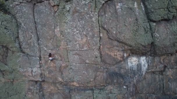 Luftbild Drohne Junge Fitte Frau Führt Gekonnt Klettern Freien Rock — Stockvideo