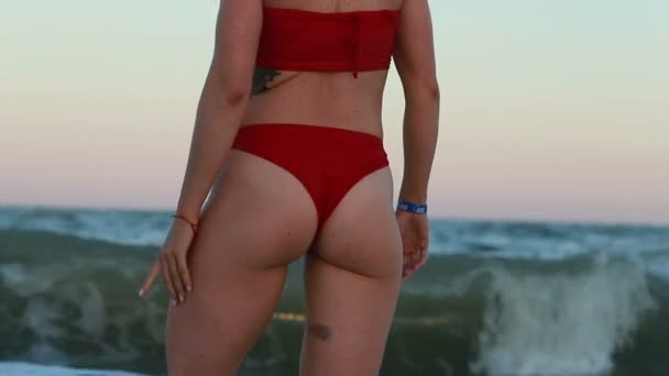 Rear View Beautiful Young Girl Beach Sand Ass Slow Motion — Stockvideo