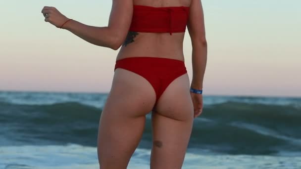 Rear View Beautiful Young Girl Beach Sand Ass Slow Motion — Stock video