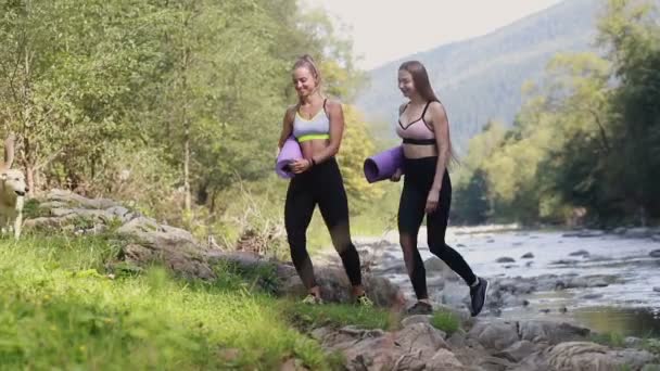 2つの陽気な女性が山の中を歩くと 森林ヨガマットを保持 笑顔の女性の友人は屋外でのワークアウトに行く ヨガやピラティス — ストック動画