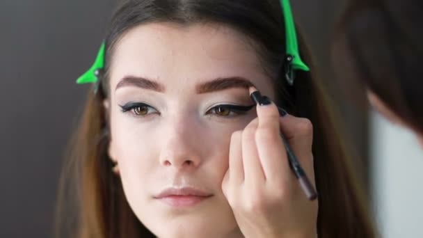 Güzellik Salonundaki Kız Makyaj Yapıyor Kadının Dudakları Kaşlarla Boyanmış Temel — Stok video