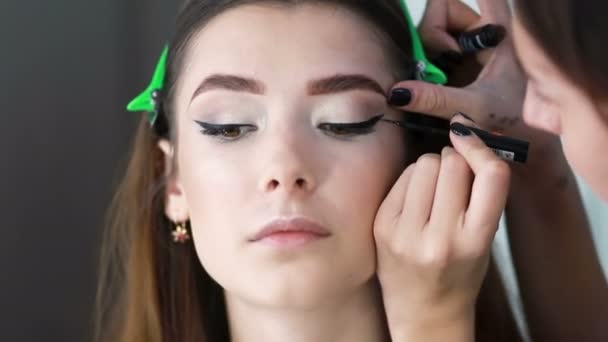 Güzellik Salonundaki Kız Makyaj Yapıyor Kadının Dudakları Kaşlarla Boyanmış Temel — Stok video