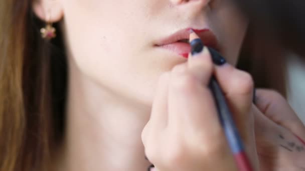 Make Kunstenaar Schildert Lippen Voor Meisje Professionele Make Van Model — Stockvideo