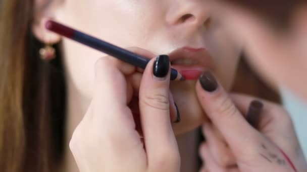 Make Kunstenaar Schildert Lippen Voor Meisje Professionele Make Van Model — Stockvideo