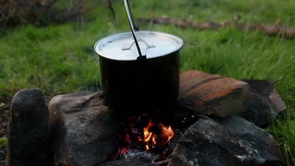 Ketel Brandstapel Kamperen Het Bos Koken Het Vuur Veldkeuken Een — Stockvideo