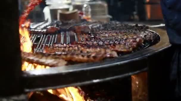 一个夏日的下午 一排排多汁的排骨在烤肉架上烹调 — 图库视频影像