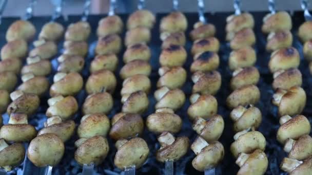 Home Cooking Close Skewers Whole Mushrooms Being Barbecued Gas Grill — Stock Video