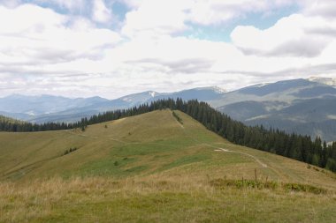 Dağlarda yaz manzarası ve bulutlu koyu mavi gökyüzü. Romanya 'daki Güney Karpatlar' ın bir parçası olan Bucegi Dağları 'ndan manzara çok sisli bir günde
