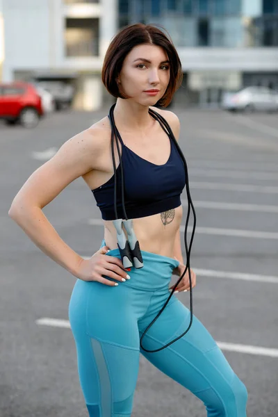 Strong Young Woman Stretching Skipping Fitness Female Athlete Exercising Outdoors — Stock Photo, Image