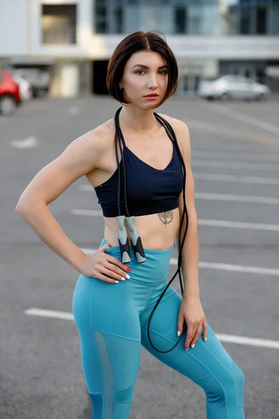 Strong Young Woman Stretching Skipping Fitness Female Athlete Exercising Outdoors — Stock Photo, Image