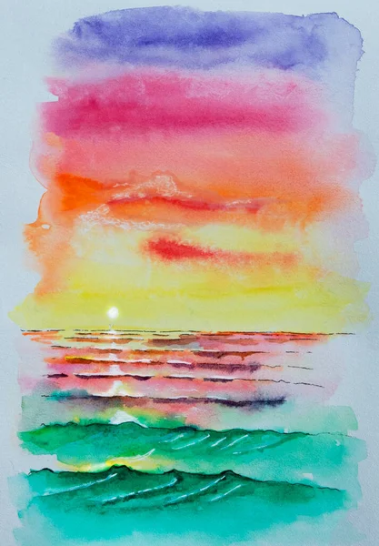 Watercolor Bright Multicolor Sunset Clouds Sea — Stock Photo, Image