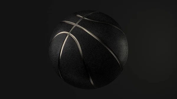 Black Basketball with Gold Metallic Line Design on dark Background. Futuristic sports concept. Close-up isolated sphere ball with dots. View front. 3D rendering