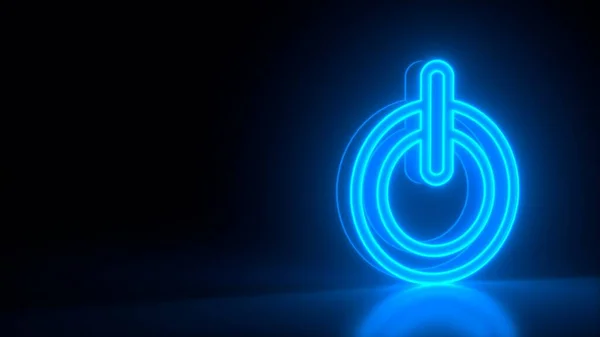 Futuristic glowing blue neon power button symbol on black dark background with blurred reflection. Start power button neon light, On/Off switch. Luminous style. 3d rendering