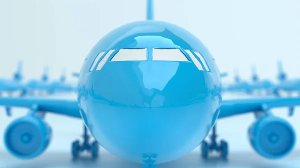 Blue plane on the white runway. Minimal concept. Aircraft travel minimal concept. Many planes in the background in depth of field. Empty mock up geometric shape in pastel colors. 3d rendering