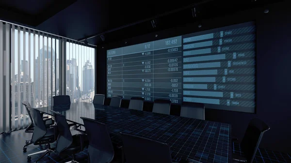 Charts Diagrams of Financial Statistics report Growing on Table in Office Interior. Business concept. Digital screen with stats. 3d rendering