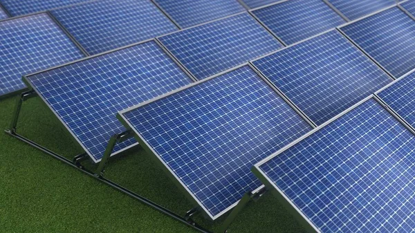 Solar panels or batteries on a green grass background. Construction of a solar energy production plant. Renewable energy sources. Blue panels with chrome construction. ECO concept. 3d rendering