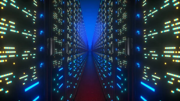 Modern interior server room data center. Connection and cyber network in dark servers. Backup, mining, hosting, mainframe, farm, cloud and computer rack with storage information. 3D rendering