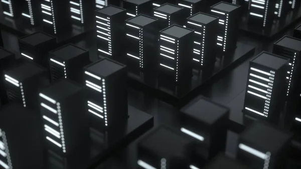 Abstract composition of database. Server stack concept in black with glowing bulbs and indicators on a black background. Backup, mining, hosting, mainframe, farm, cloud and computer rack. 3D rendering