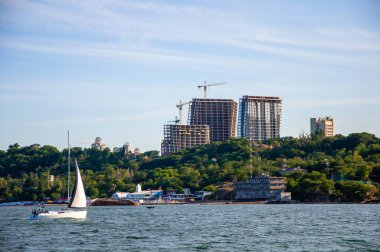Denizde beyaz yelken. Yelkenli. Yelkencilik yarışmaları.