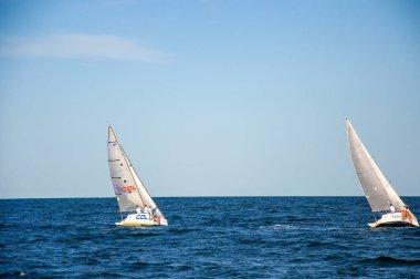 Denizde beyaz yelken. Yelkenli. Yelkencilik yarışmaları.