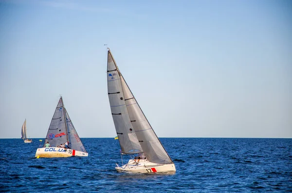 Denizde beyaz yelken. Yelkenli. Yelkencilik yarışmaları.