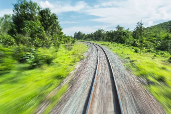 Railroad in motion,Railroad travel, railway tourism,Blurred railway,Transportation,forest conceptual landscape with blurred railway station.