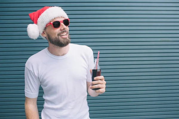 Attractive Amazing Guy Standing Wall Posing Camera Wears Christmas Hat — Stock Photo, Image