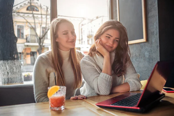 Femeile Pozitive Nie Tinere Stau Înăuntru Masă Uită Laptop Model — Fotografie, imagine de stoc