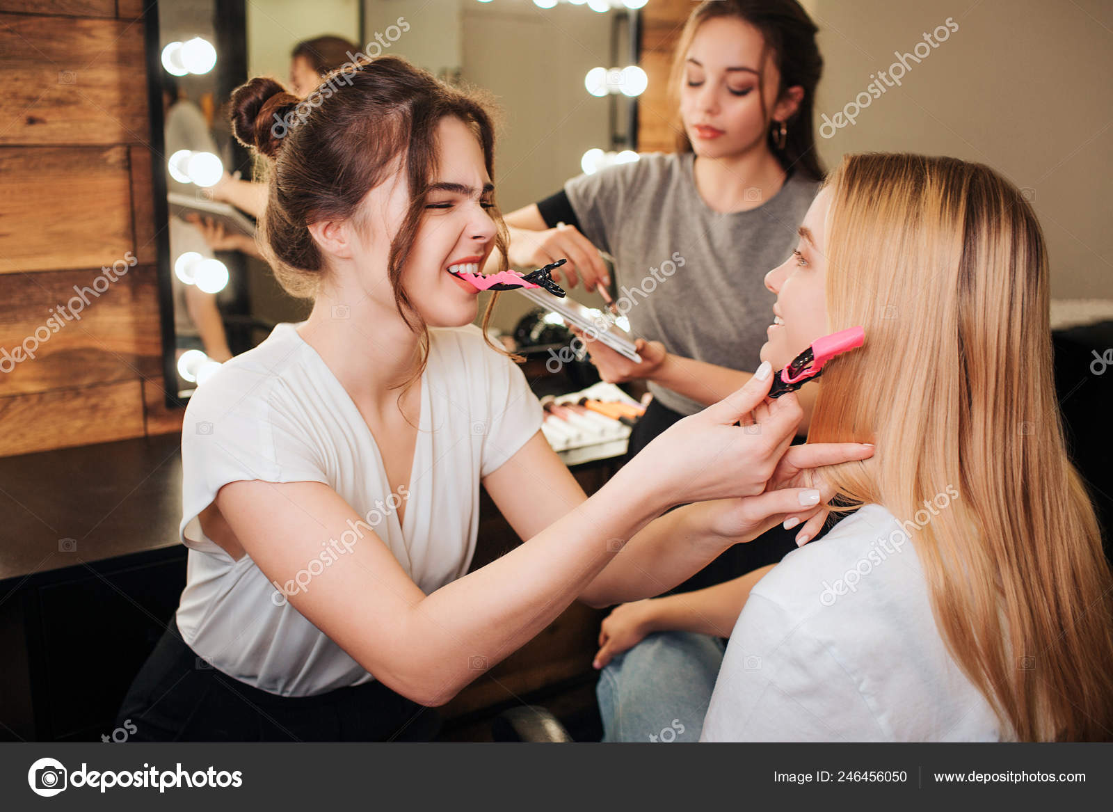 Beauty Room Young Hairdresser Lift Blonde Hair Up With Clips She