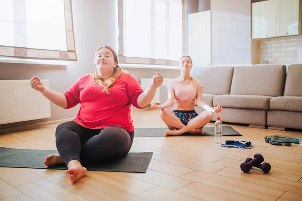 Calm peaceful young slim and plus size models sit in lotus pose and meditating. Together in living room. Workout for two. Dumbbells on floor.