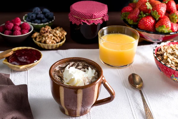 Breakfast Table Cappuccino Coffee Berries Marmalade Orange Juice Nuts White — Stock Photo, Image