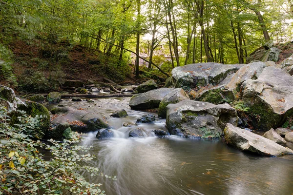 Ποταμός Στο Δάσος Φθινόπωρο — Φωτογραφία Αρχείου