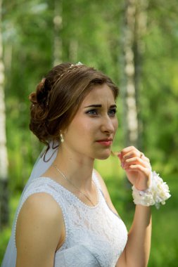 Güzel, genç bir gelinin portresi. Klasik tarzda bir düğün töreni. Yeşil arkaplan.