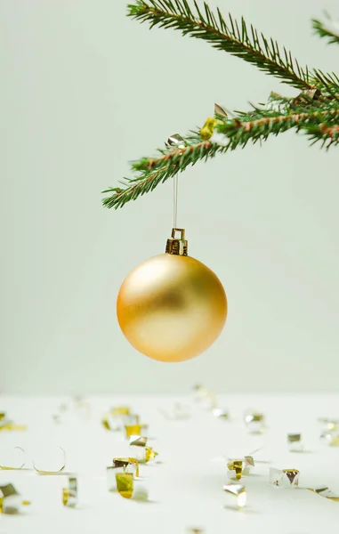 Φραγκόσυκα χριστουγεννιάτικο δέντρο υποκατάστημα σε ανοιχτόχρωμο φόντο με ένα χριστουγεννιάτικο δέντρο και σερπαντίνες. Μινιμαλισμός. — Φωτογραφία Αρχείου
