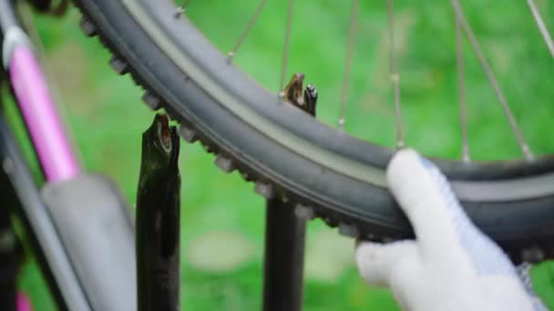 Eldivenli bir tamirci tekerleği çerçeveye koyar ve bir dağ bisikletinin cıvatalarını sıkar. Yaz ormanındaki yolda acil bisiklet tamiri. Yakın çekim. — Stok video