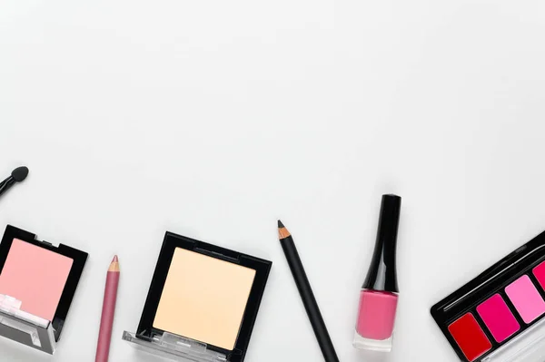 Maquillaje Mujer Cosméticos Fondo Elegante Con Lugar Para Texto Polvo —  Fotos de Stock