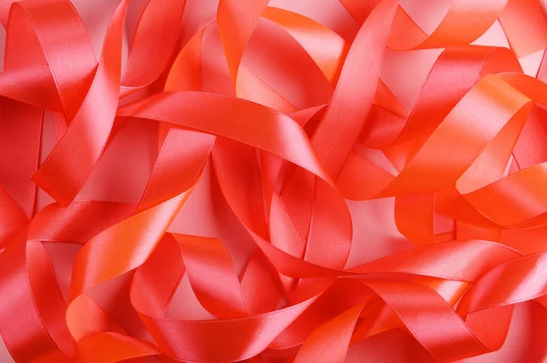 Silk Coral Pink Ribbons Top View Background Bittersweet Color Satin — Stock Photo, Image
