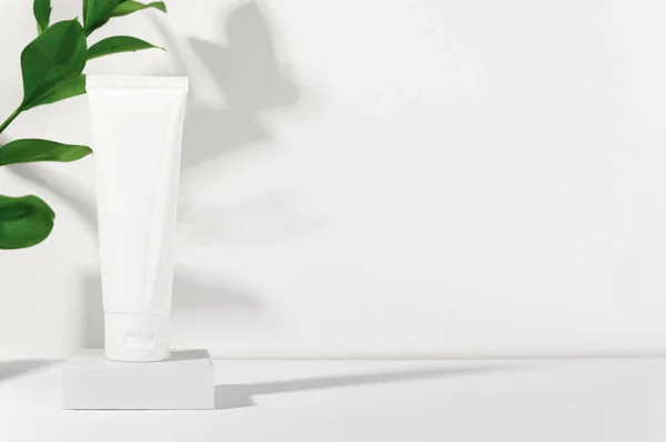 Beyaz kozmetik ürünleri tübü hazır. Krem, losyon, diş macunu, besleyici ya da nemlendirici maske için boş plastik kap. Çevre dostu, organik kozmetoloji konsepti. Uzayı sağ tarafa kopyala.