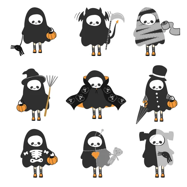 Carino Set Personaggi Ghost Set Illustrazioni Disegnate Mano Halloween Stile — Vettoriale Stock