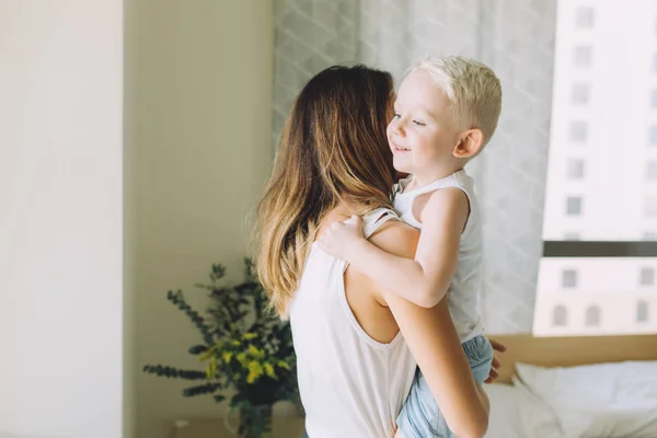 Young Beautiful Mother Her Little Son Bedroom — Stock Photo, Image