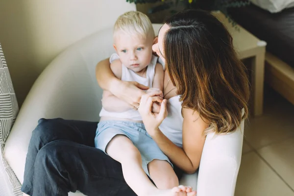 Happy Loving Family Mother Playing Her Son Bedroom Window — Stock Photo, Image