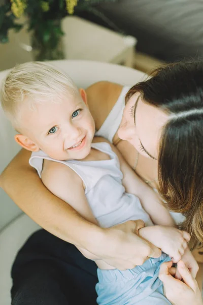 Happy Loving Family Mother Playing Her Son Bedroom Window — Stock Photo, Image