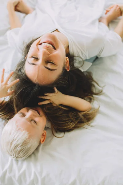 Happy Loving Family Mother Playing Her Baby Bedroom — Stock Photo, Image