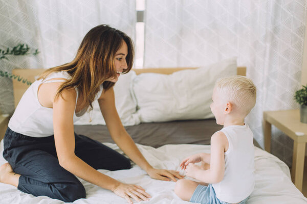 Young Beautiful Mother Having Fun Her Son Bedroom Home Stock Picture