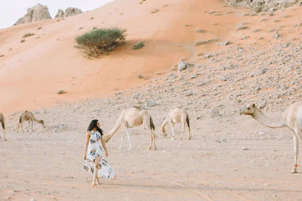 Junge Indianerin Weißen Langen Kleid Geht Durch Die Wüste — Stockfoto