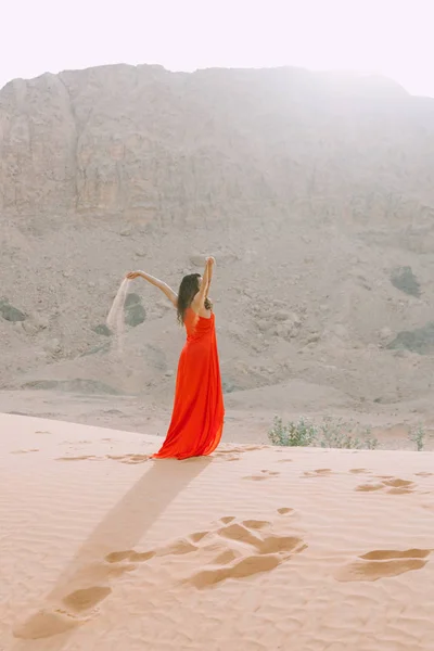 Junge Schöne Indianerin Rotem Kleid Die Der Wüste Mit Bergen — Stockfoto